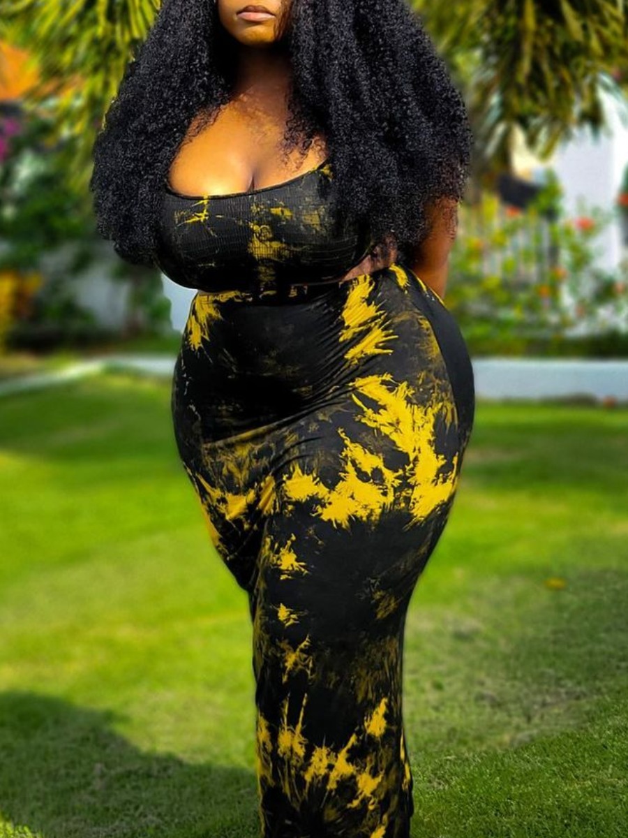 

LW Plus Size Casual U Neck Tie-dye Black Two-piece Skirt Set