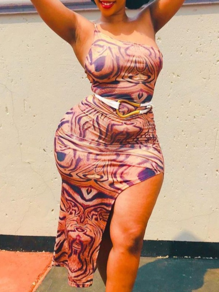 

Lovely Sweet One Shoulder Animal Print Split Pink Mid Calf Plus Size Dress