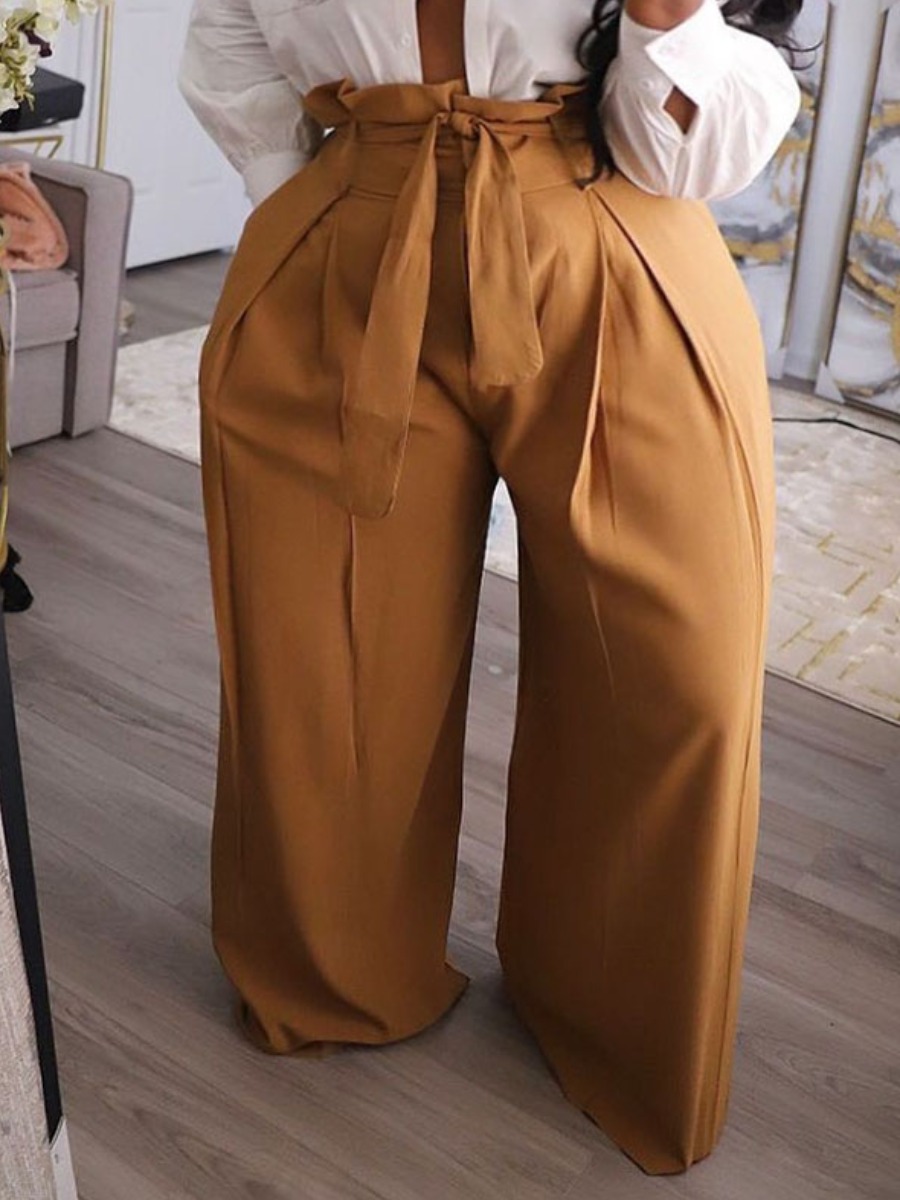 

LW Plus Size Formal Lace-up Loose Brown Pants