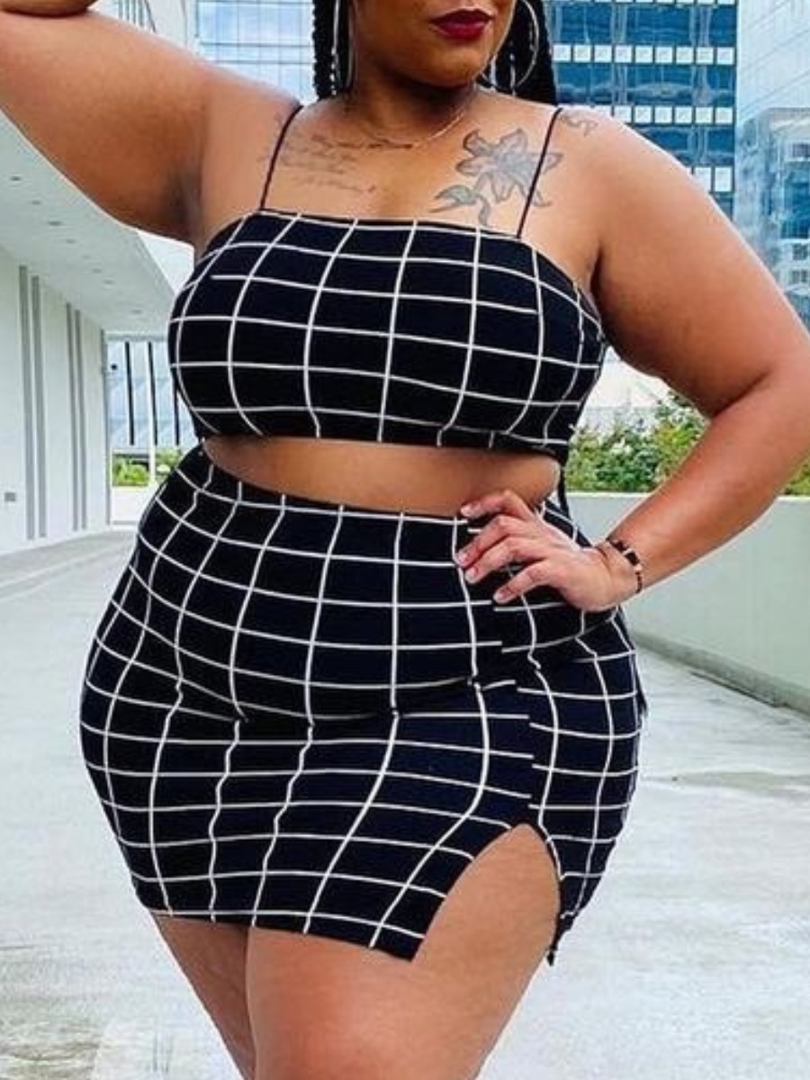 

Lovely Plus Size Sweet Plaid Print Side Split Black Two-piece Skirt Set