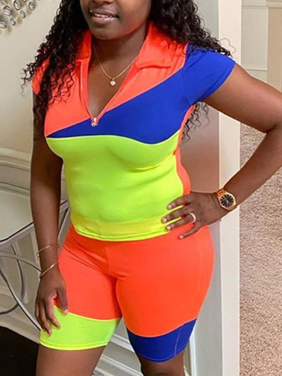 

LW Casual Turndown Collar Color-lump Patchwork Yellow Two Piece Shorts Set
