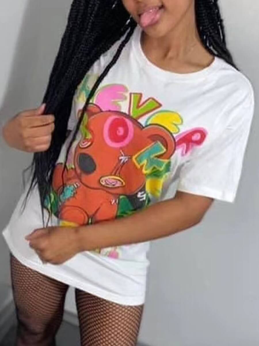 

Lovely Casual O Neck Cartoon Print White T-shirt