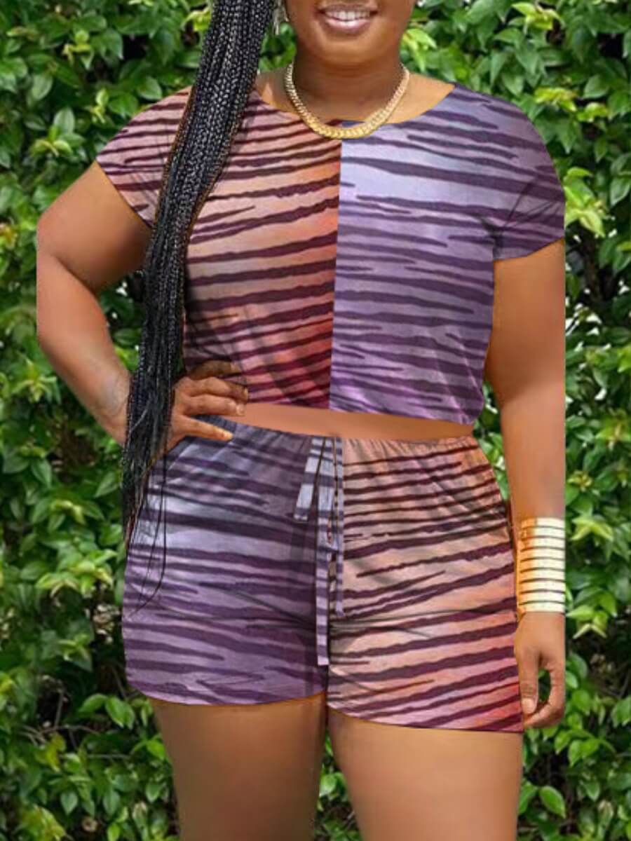 

Lovely Casual O Neck Animal Print Patchwork Brown Two Piece Shorts Set