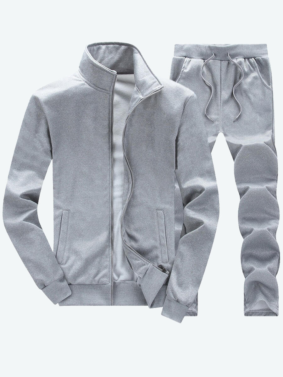 

Lovely Men Casual Mandarin Collar Drawstring Grey Two Piece Pants Set