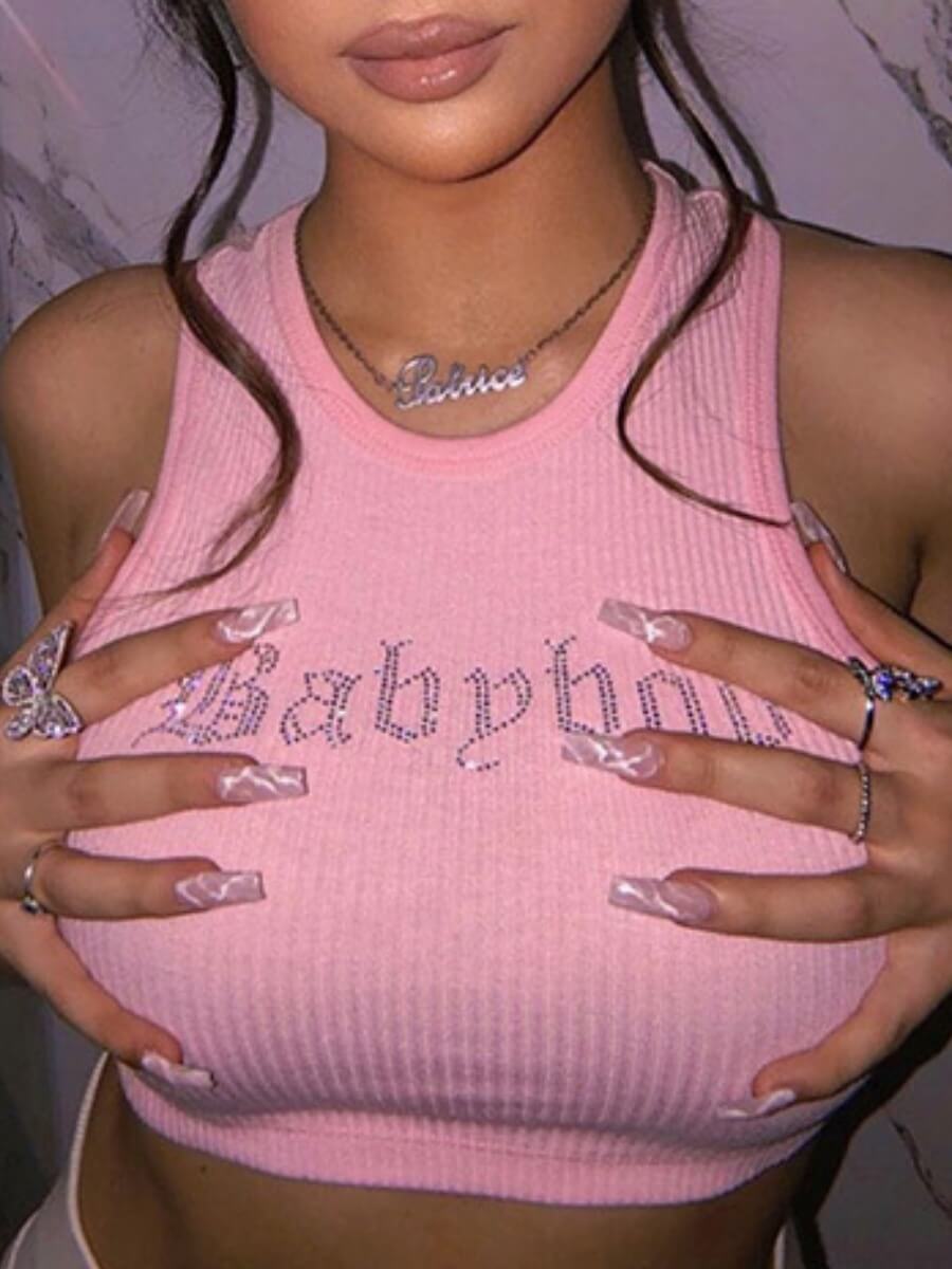

Lovely Casual Rib-Knit Letter Print Pink Camisole