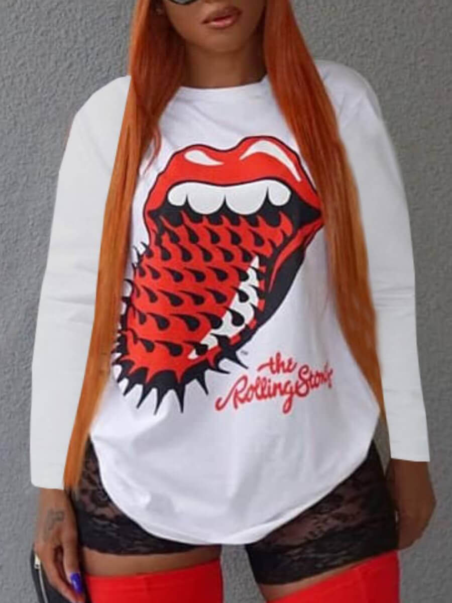 

Lovely Casual Lip Letter Print White Plus Size T-shirt