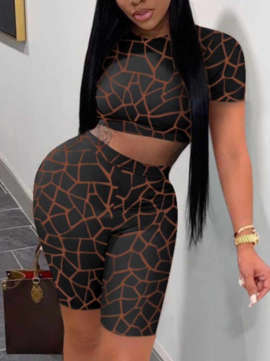 

Lovely Sweet O Neck Geometric Print Black Two Piece Shorts Set(No-positioning Printing)