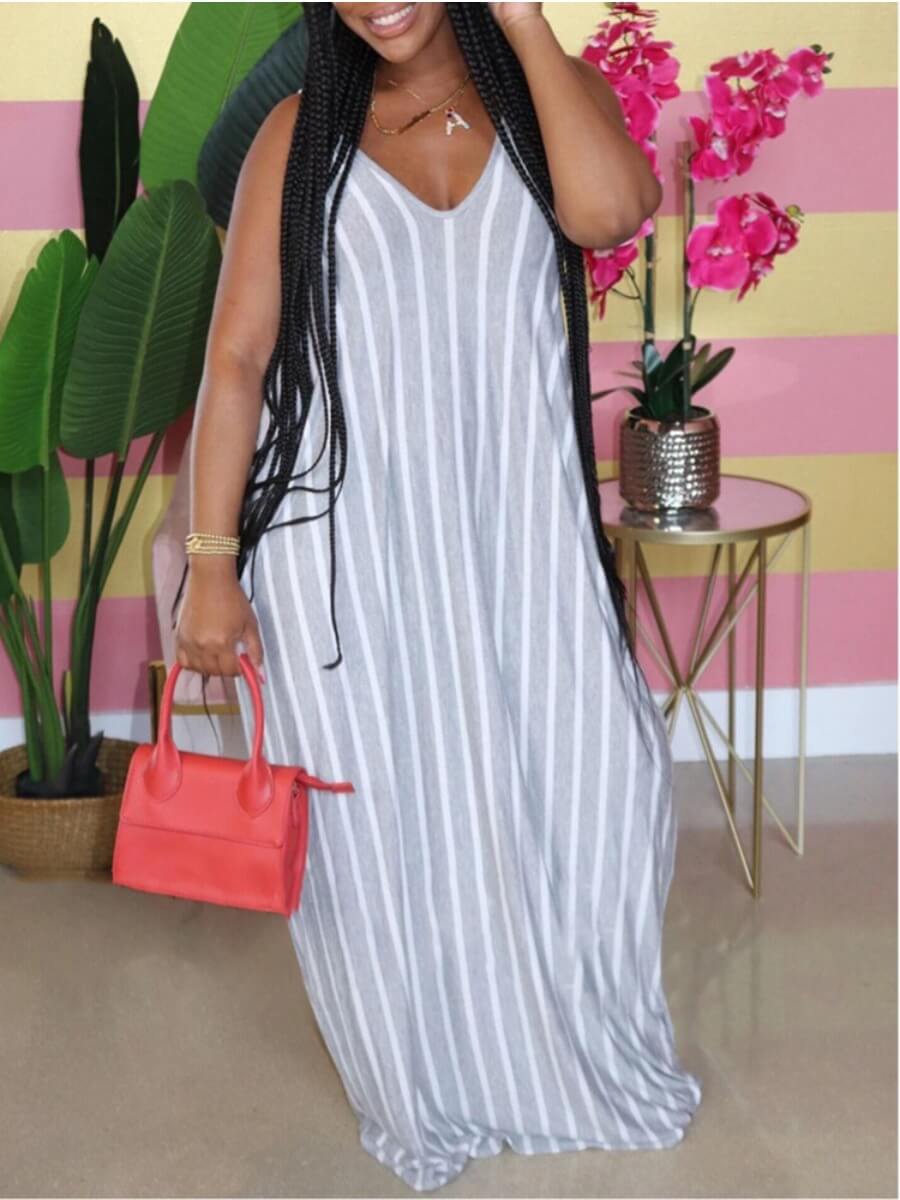 

Lovely Casual V Neck Striped Grey Floor Length Dress, Gray stripe