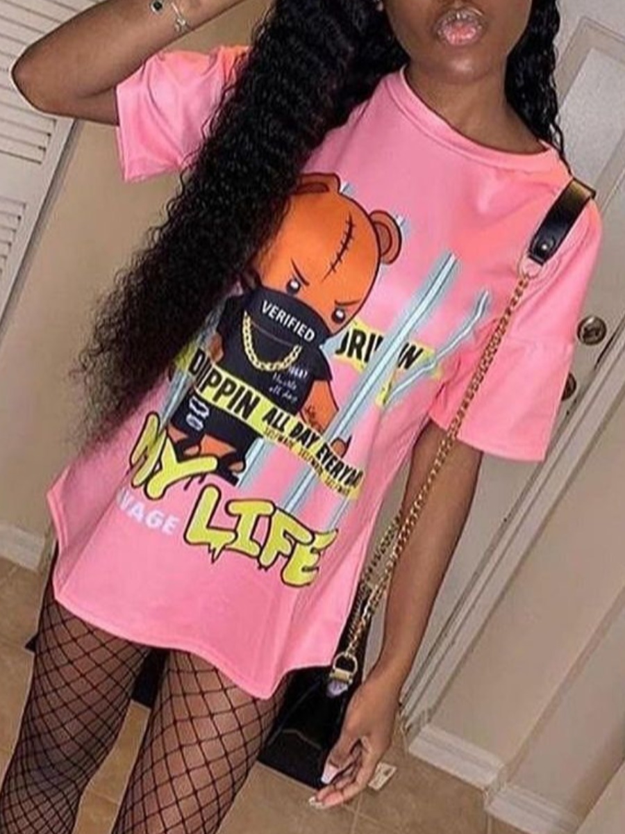 

Lovely Street O Neck Cartoon Letter Print Pink Mini Dress