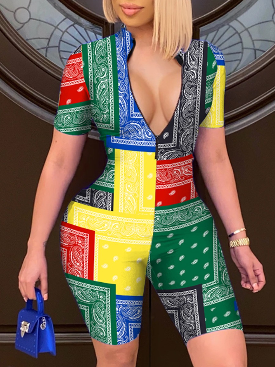 

LW Trendy Geometric Print Patchwork Multicolor One-piece Romper(No-positioning Printing), Multi