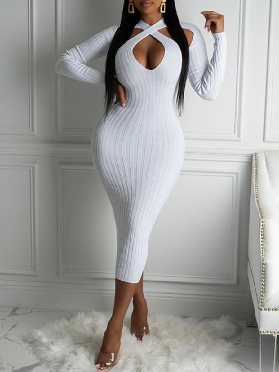 

Lovely Elegant Rib-Knit Hollow-out White Mid Calf Dress