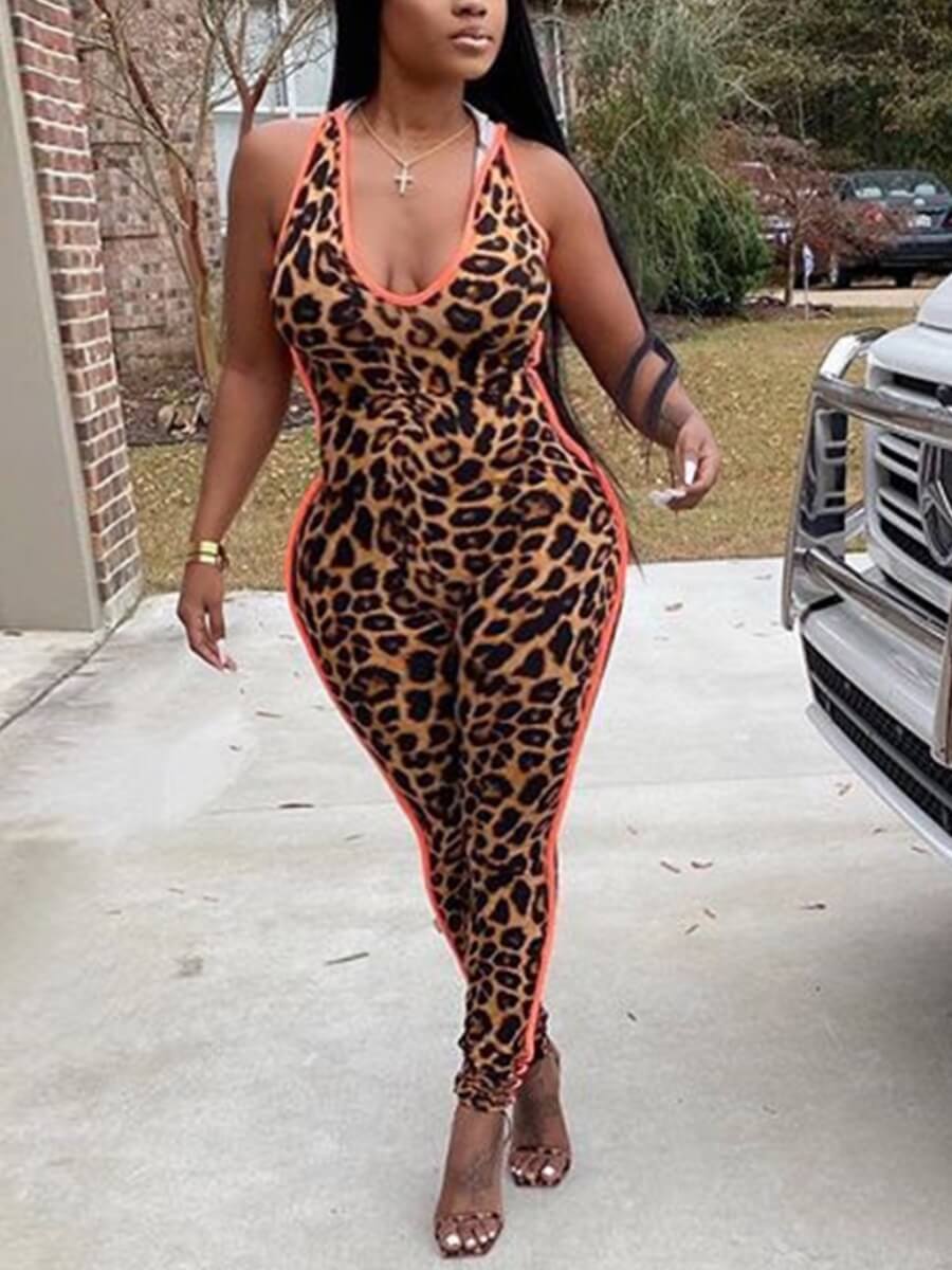 

Lovely Street U Neck Leopard Print Plus Size One-piece Jumpsuit
