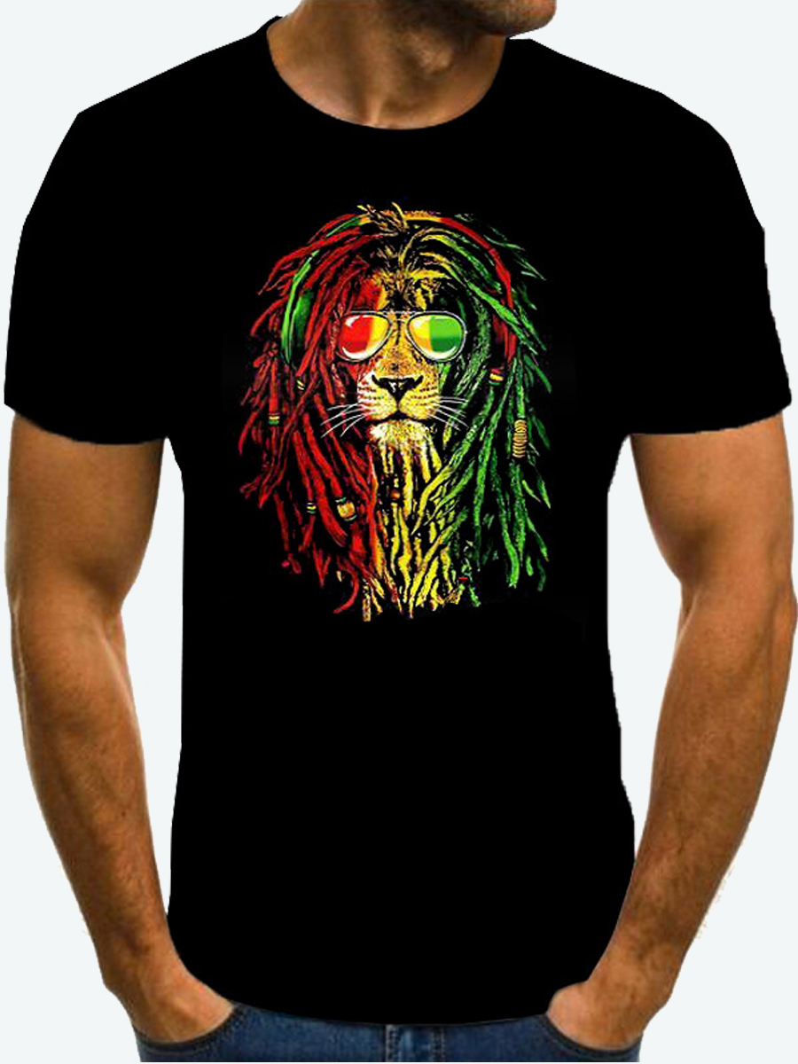 

Lovely Men Casual O Neck Lion Print Black T-shirt
