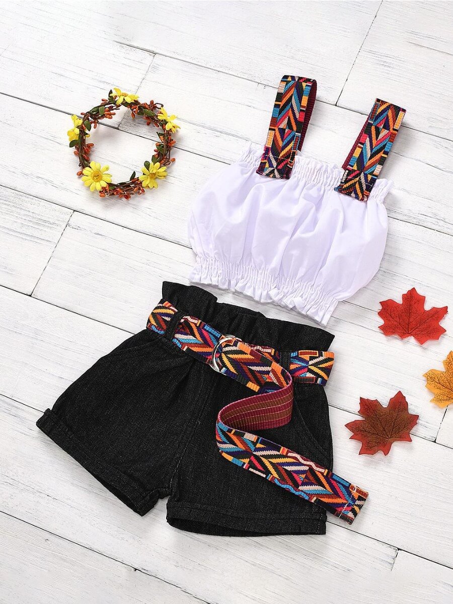 

Lovely Ethnic Fold Design Print Patchwork White Girl Two Piece Shorts Set (With Belt