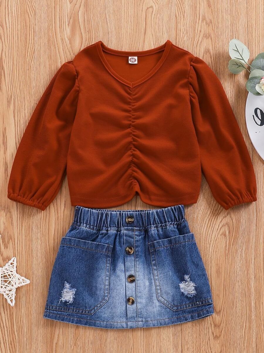 

Lovely Casual V Neck Fold Button Design Auburn Girl Two Piece Skirt Set