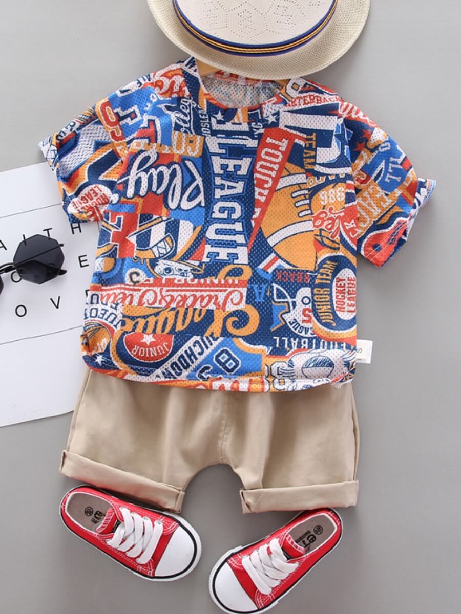 

Lovely Casual O Neck Letter Print Multicolor Boy Two Piece Shorts Set, Multi