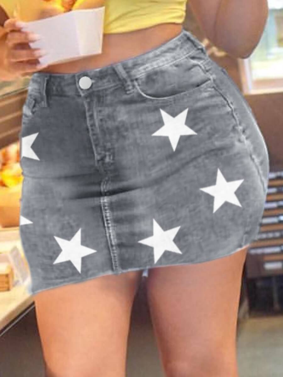 

Lovely Street Star Print Raw Edge Grey Denim Skirt