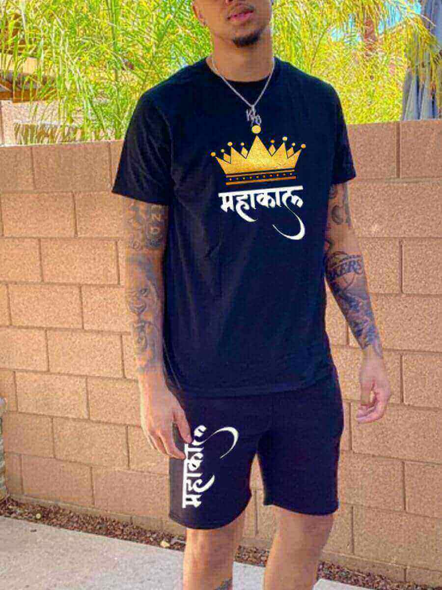 

LW Men Casual Crown Letter Print Black Two Piece Shorts Set