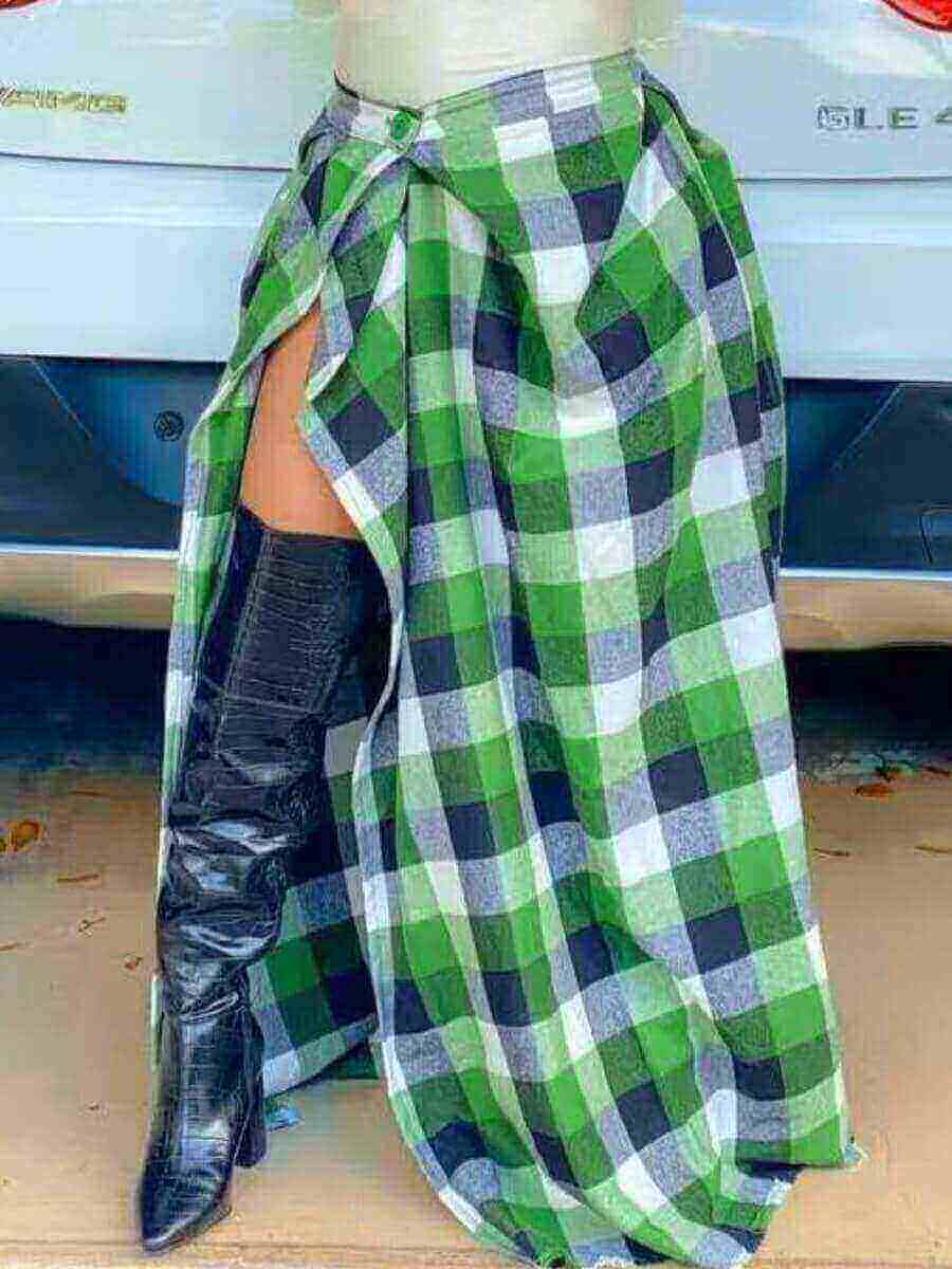 LW Casual Plaid Print Split Green Ankle Length Skirt
