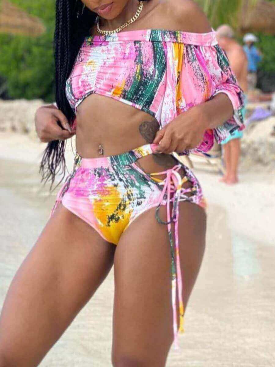 

Lovely Casual Bandage Hollow-out Design Print Pink Tankini