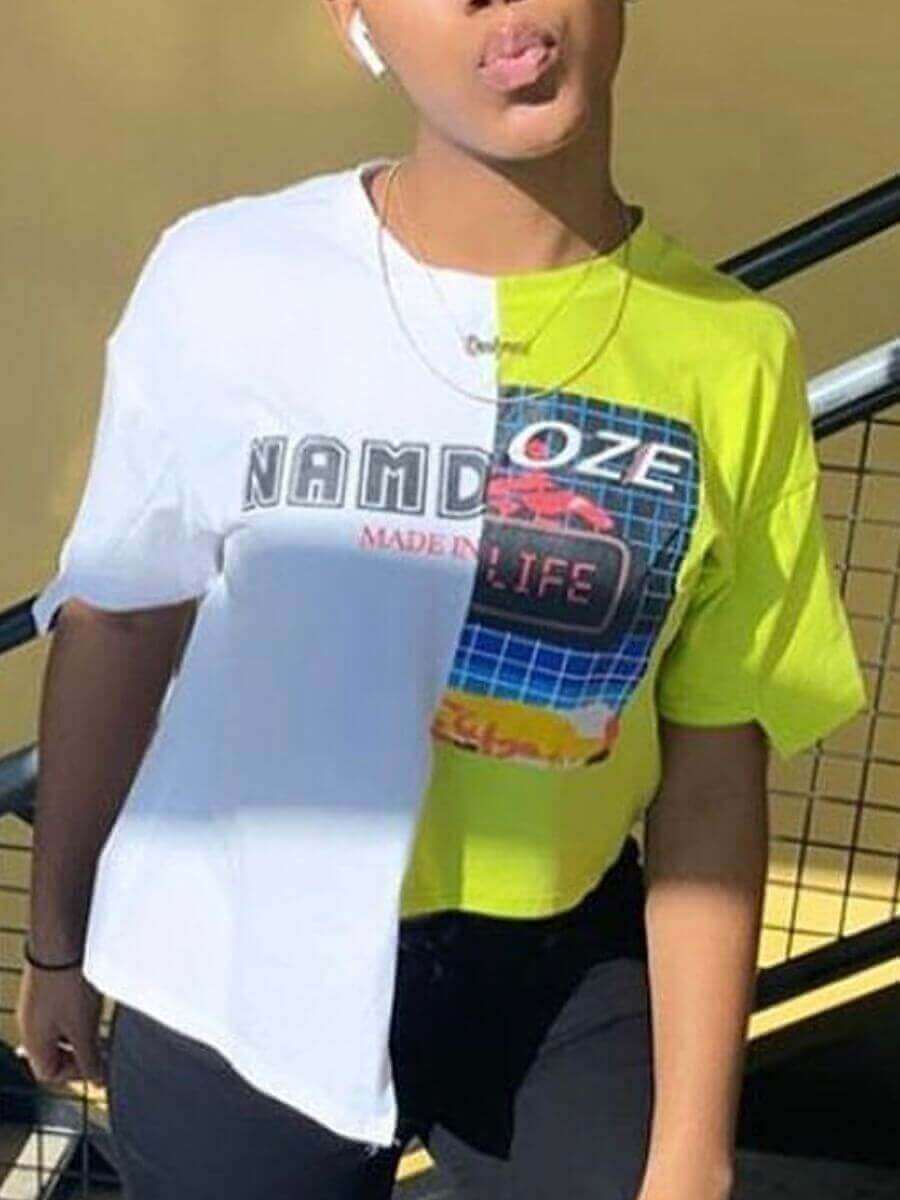 

Lovely Casual O Neck Letter Print Patchwork White T-shirt