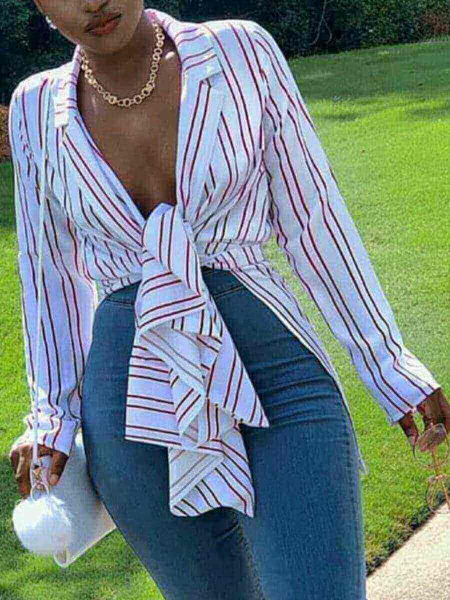 

Lovely Work Turndown Collar Striped Bandage Design White Blouse