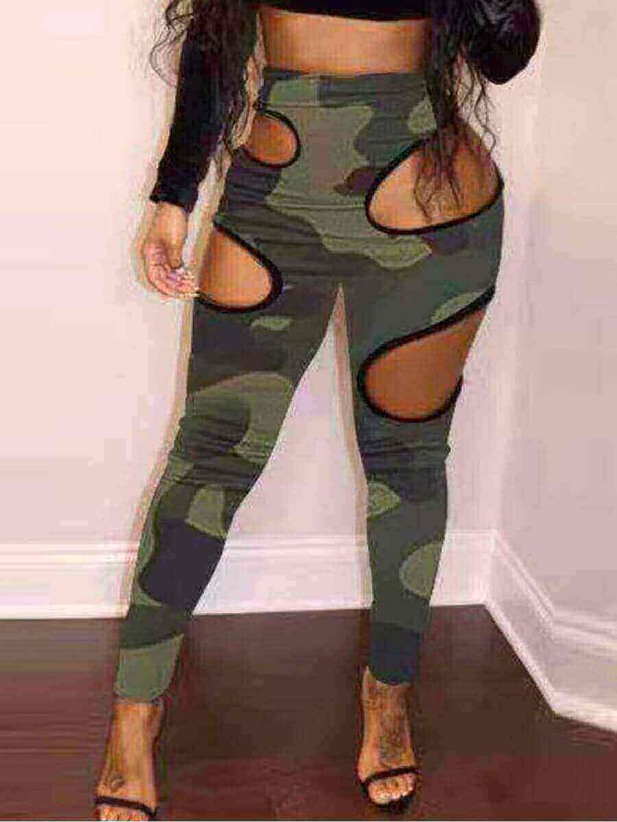 

LW Chic Camo Print Hollow-out Green Pants