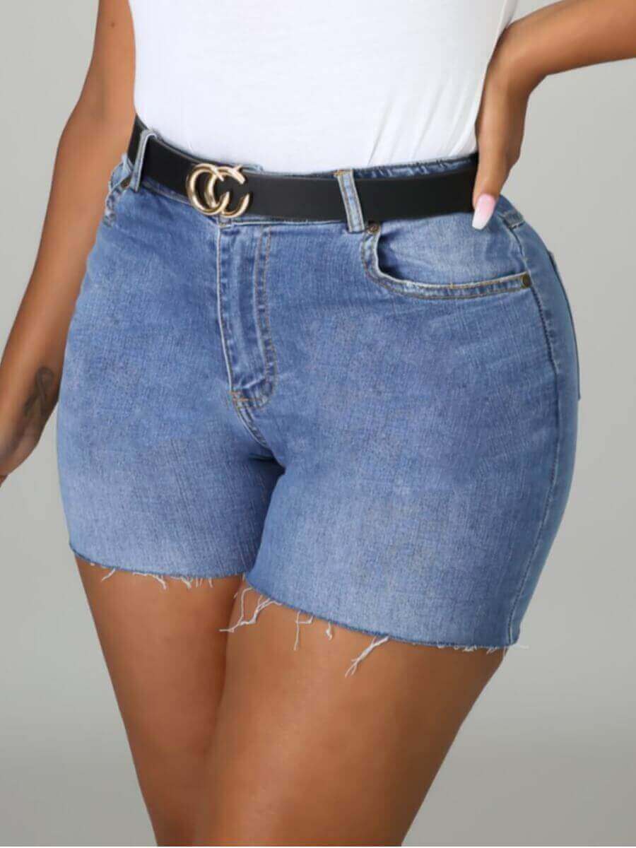 

Lovely Casual High-waisted Raw Edge Blue Denim Shorts