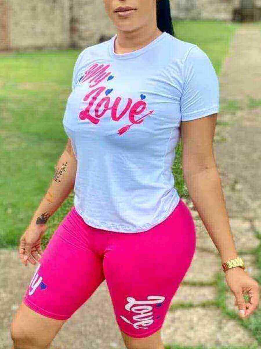 

Lovely Casual O Neck Letter Print Rose Red Two Piece Shorts Set