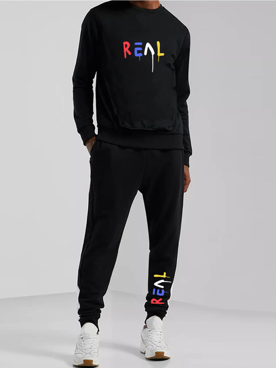 

Lovely Casual O Neck Letter Print Drawstring Black Men Two Piece Pants Set