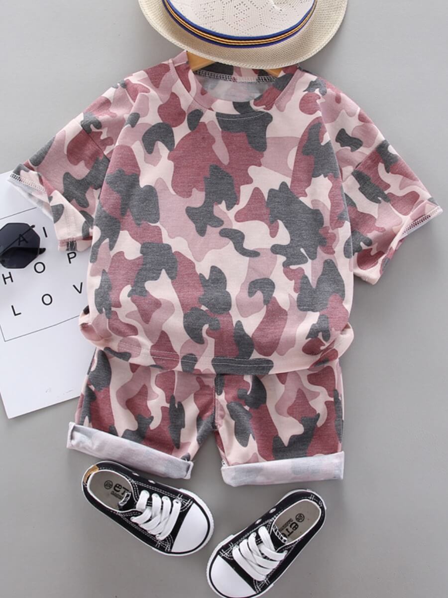

Lovely Casual O Neck Camo Print Boy Two Piece Shorts Set