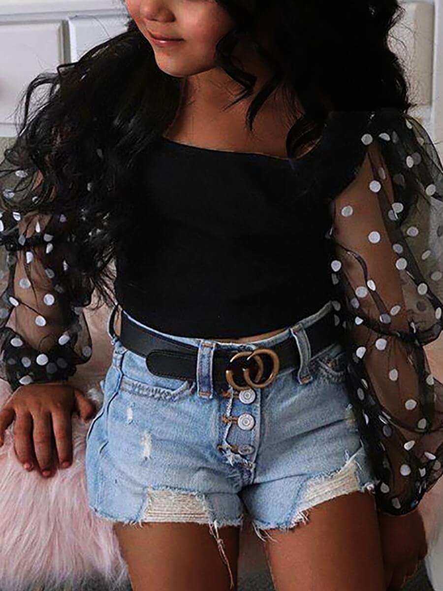 

Lovely Casual Dot Print Mesh Patchwork Ruffle Design Black Girl Two Piece Shorts Set