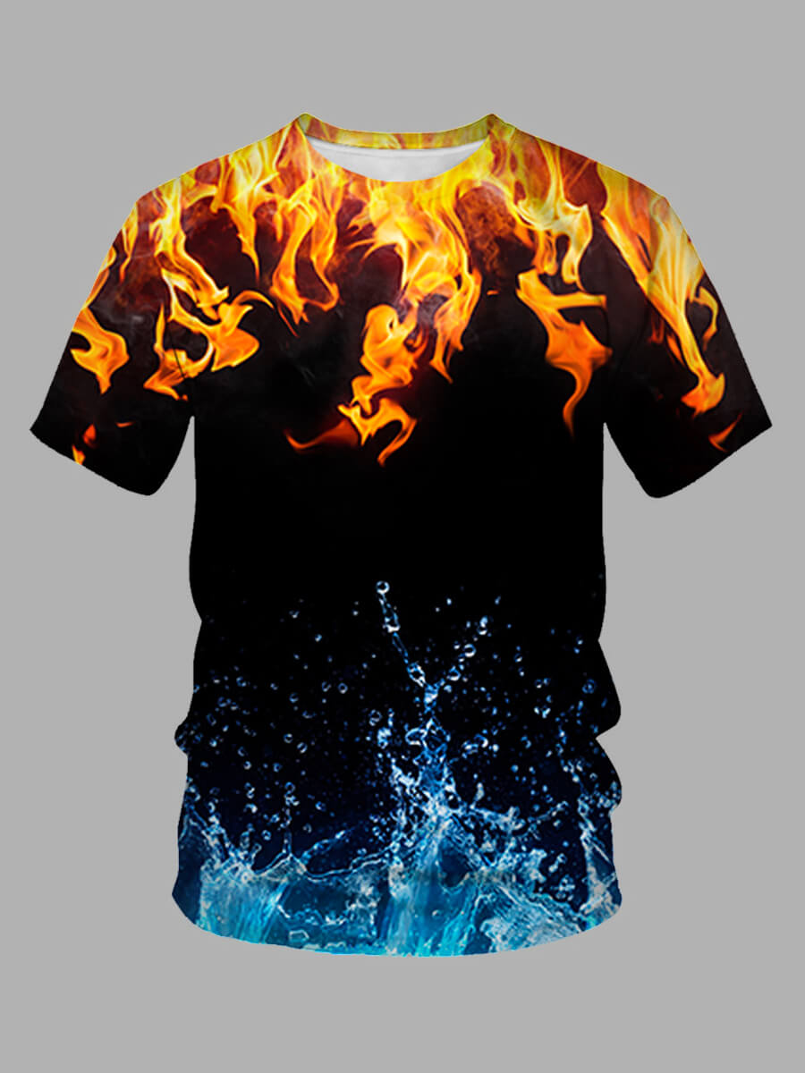 

LW Men Casual O Neck Flame Print Black T-shirt