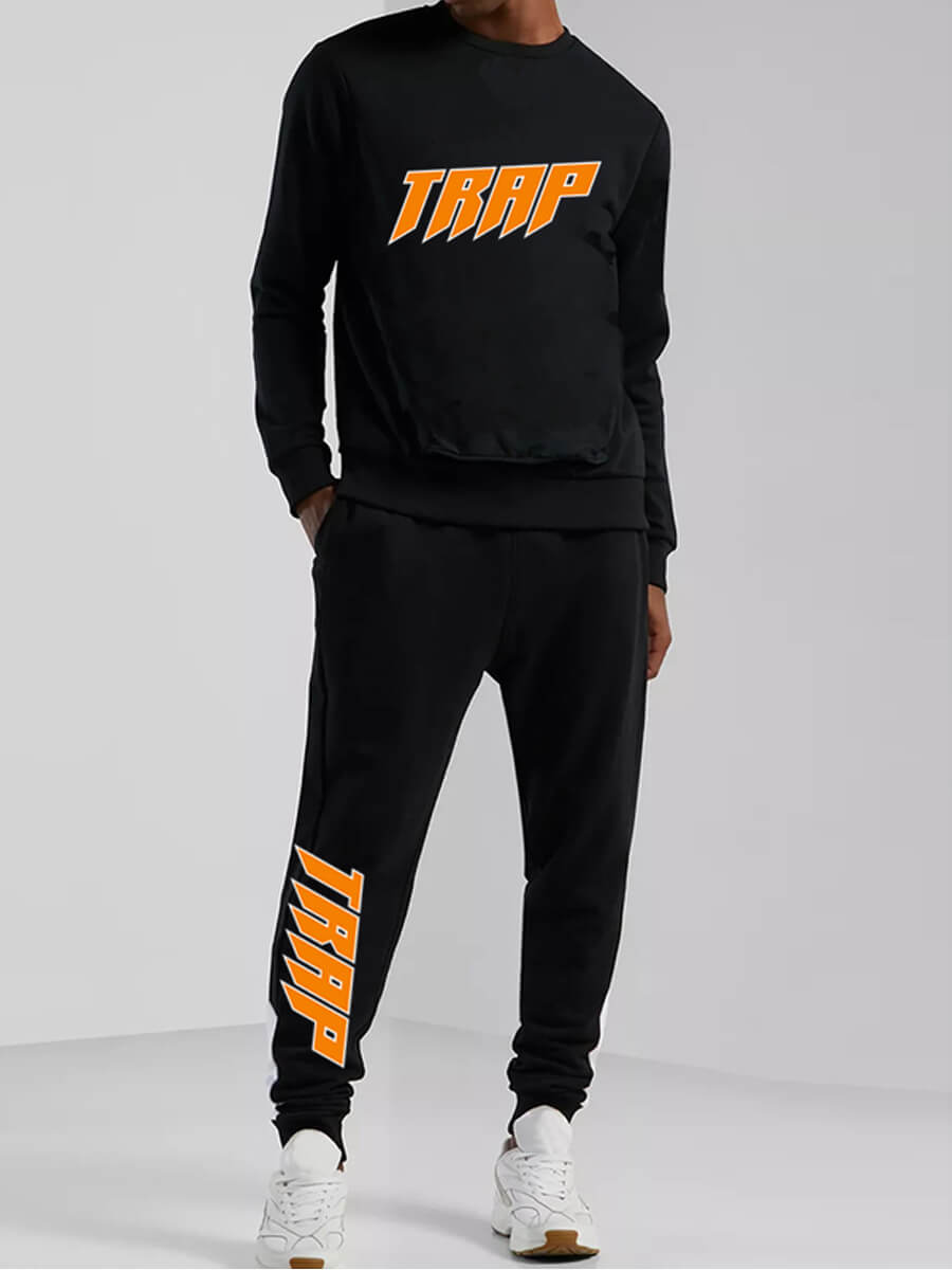 

Lovely Casual O Neck Letter Print Drawstring Black Men Two Piece Pants Set