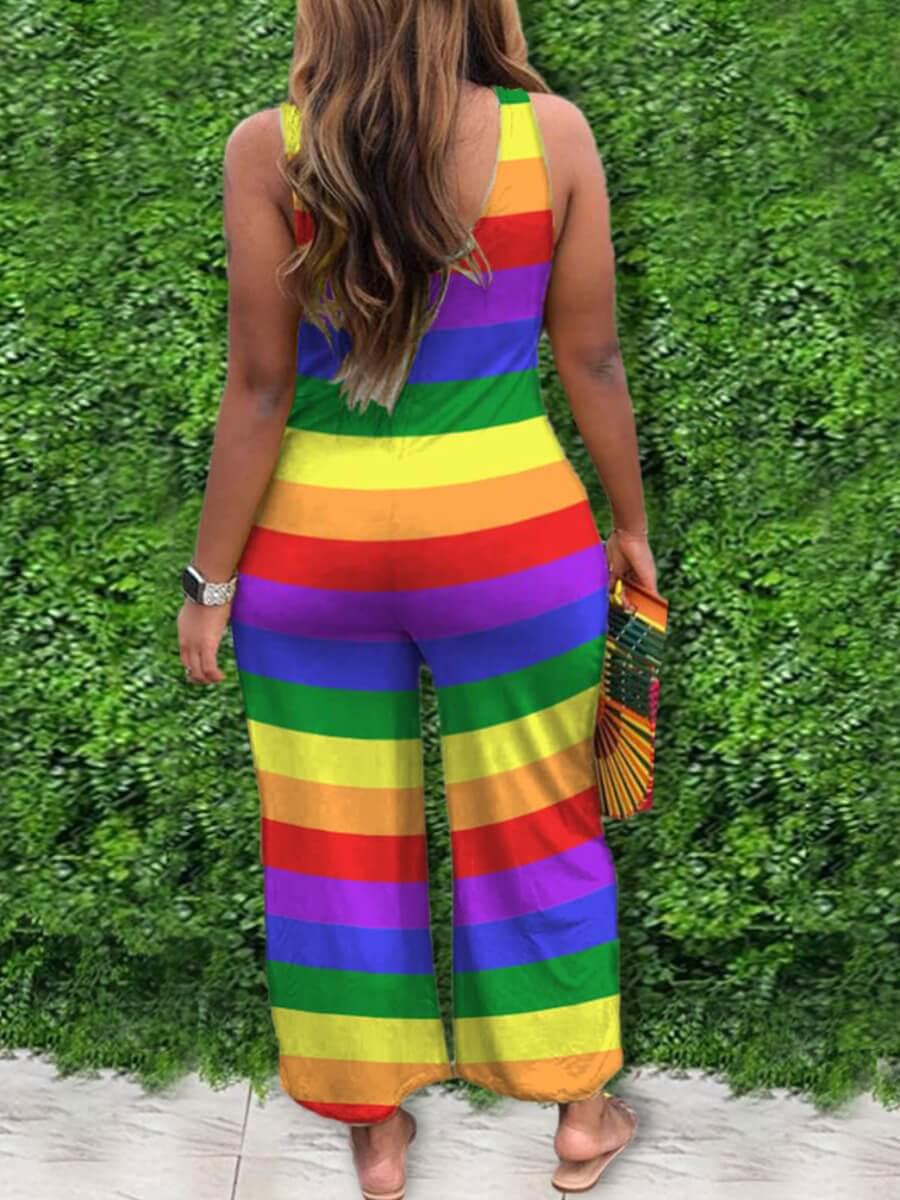 LW Plus Size Casual U Neck Rainbow Stripe Multicolor One-piece Jumpsuit