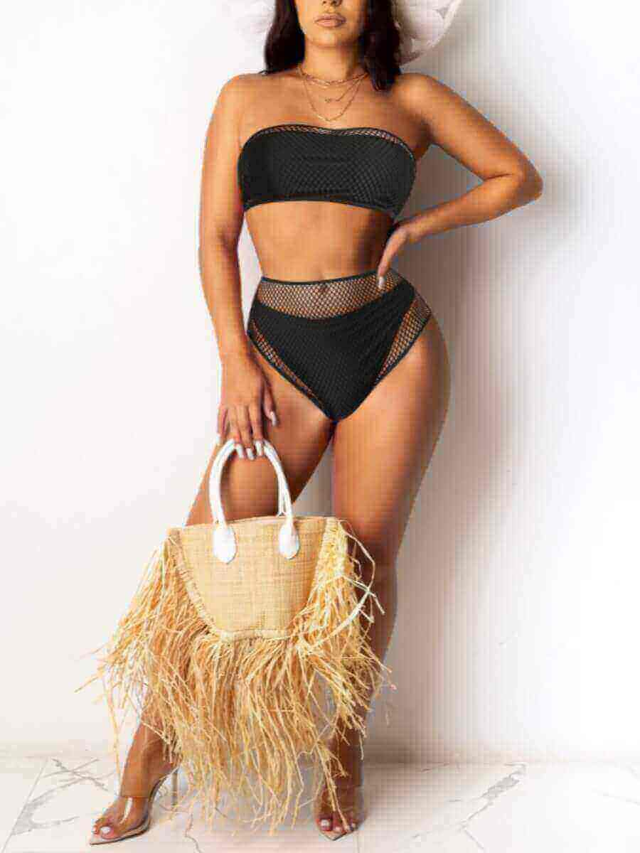 LW Casual Off The Shoulder See-through Patchwork Black Two-piece Swimsuit