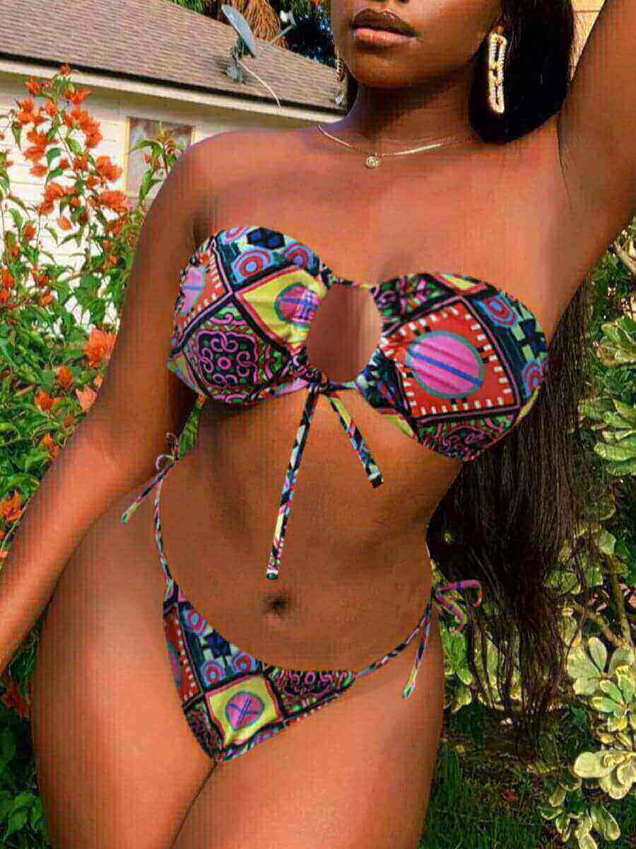 LW Ethnic Paisley Print Bandage Hollow-out Design Multicolor Two-piece Swimsuit