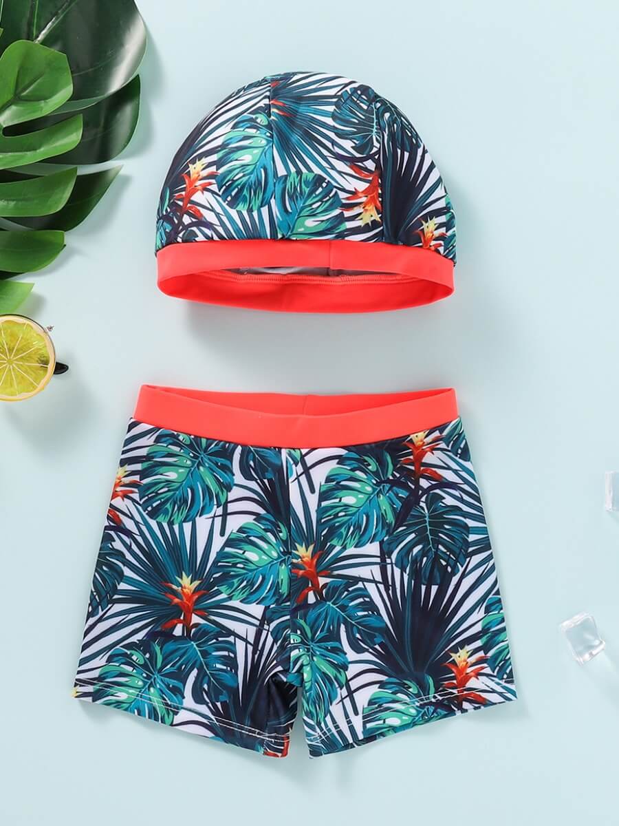 

Lovely Casual Floral Print Patchwork Blue Boy Two Piece Shorts Set(With Headgear