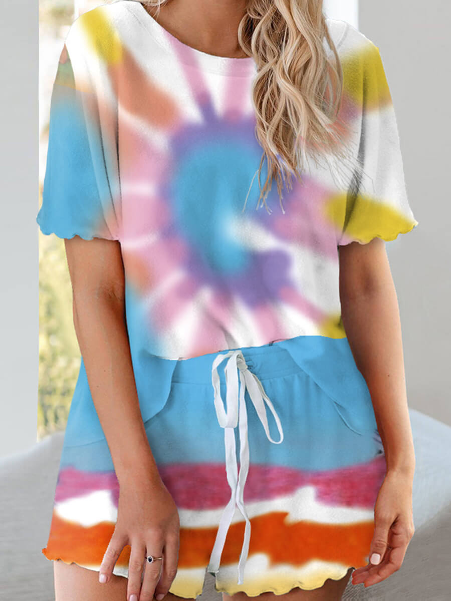 

Lovely Casual O Neck Tie-dye Drawstring Multicolor Plus Size Two-piece Shorts Set, Multi