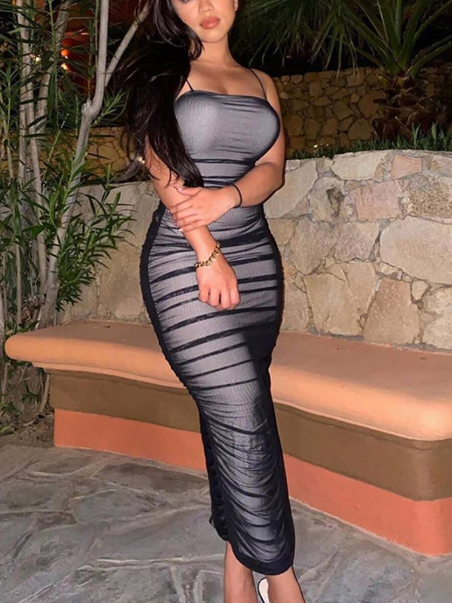 

Lovely Elegant Split Fold Design Black Mid Calf Dress