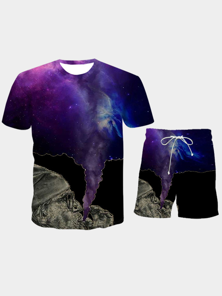 

Lovely Men Casual O Neck Gradient Multicolor Two Piece Shorts Set, Multi