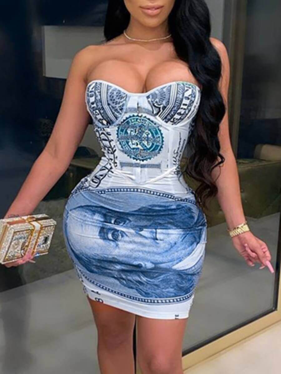 

Lovely Street Off The Shoulder Money Print White Mini Dress