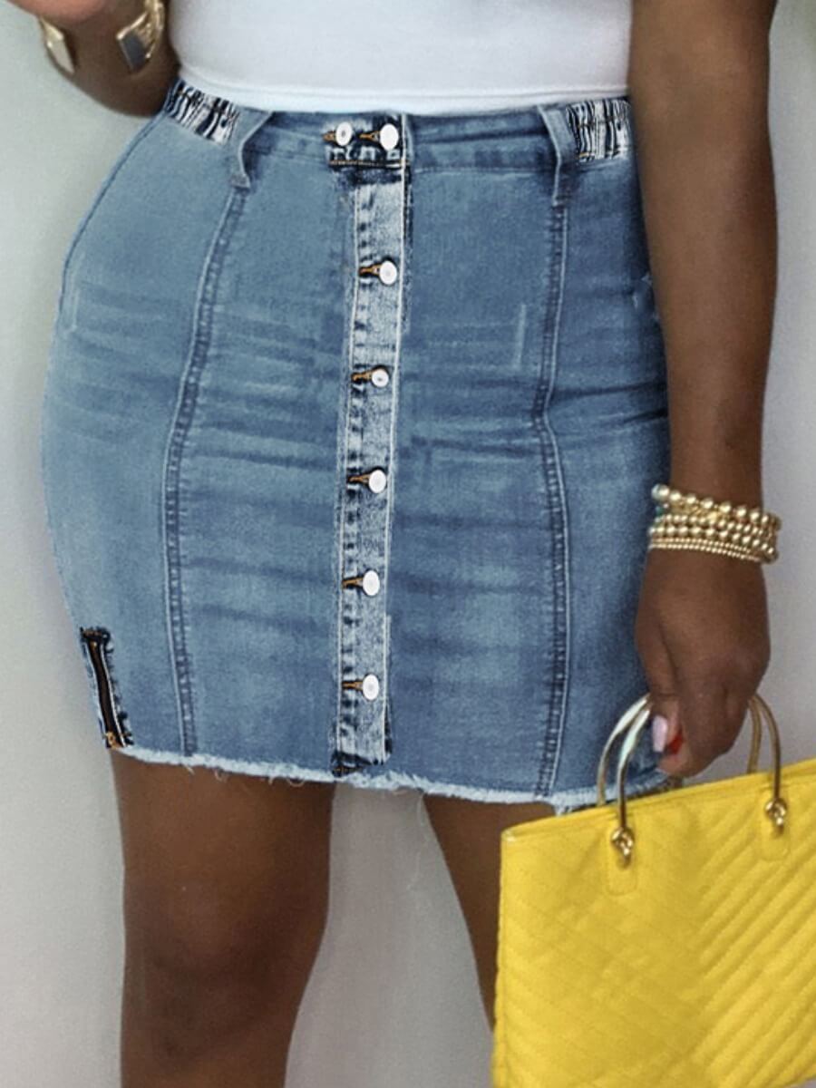 

Lovely Casual Button Design Blue Mini Plus Size Denim Skirt