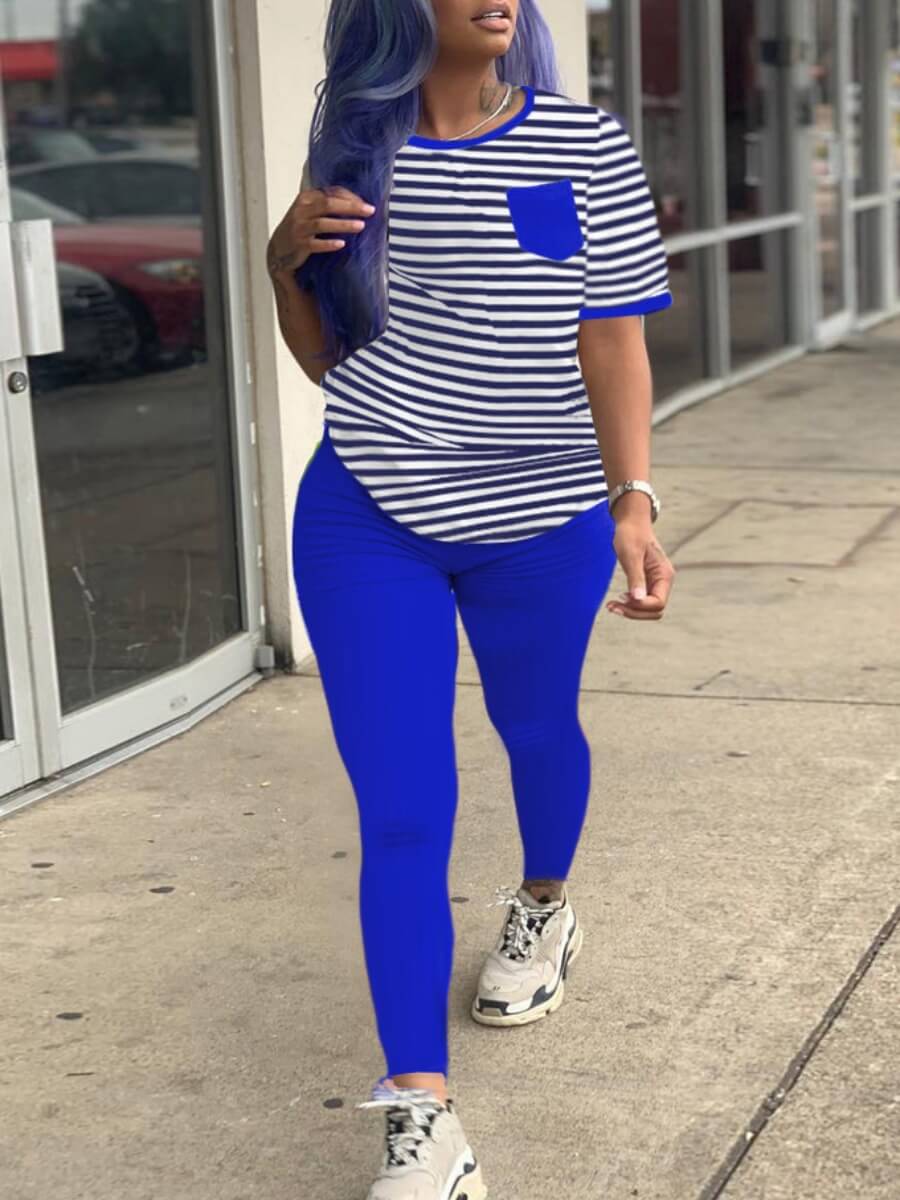 LW Casual O Neck Striped Patchwork Blue Two Piece Pants Set