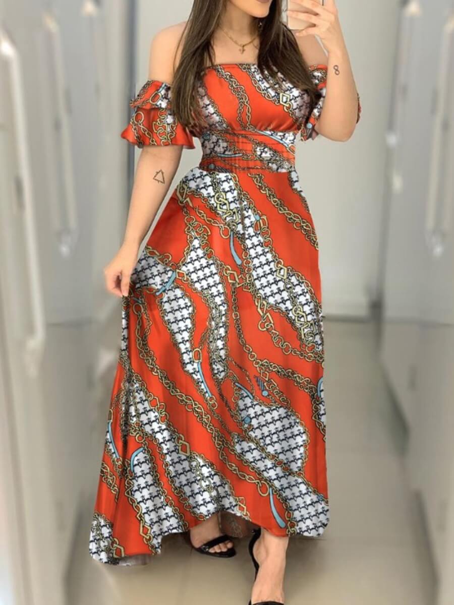 

Lovely Elegant Off The Shoulder Print Patchwork Croci Ankle Length Plus Size Dress