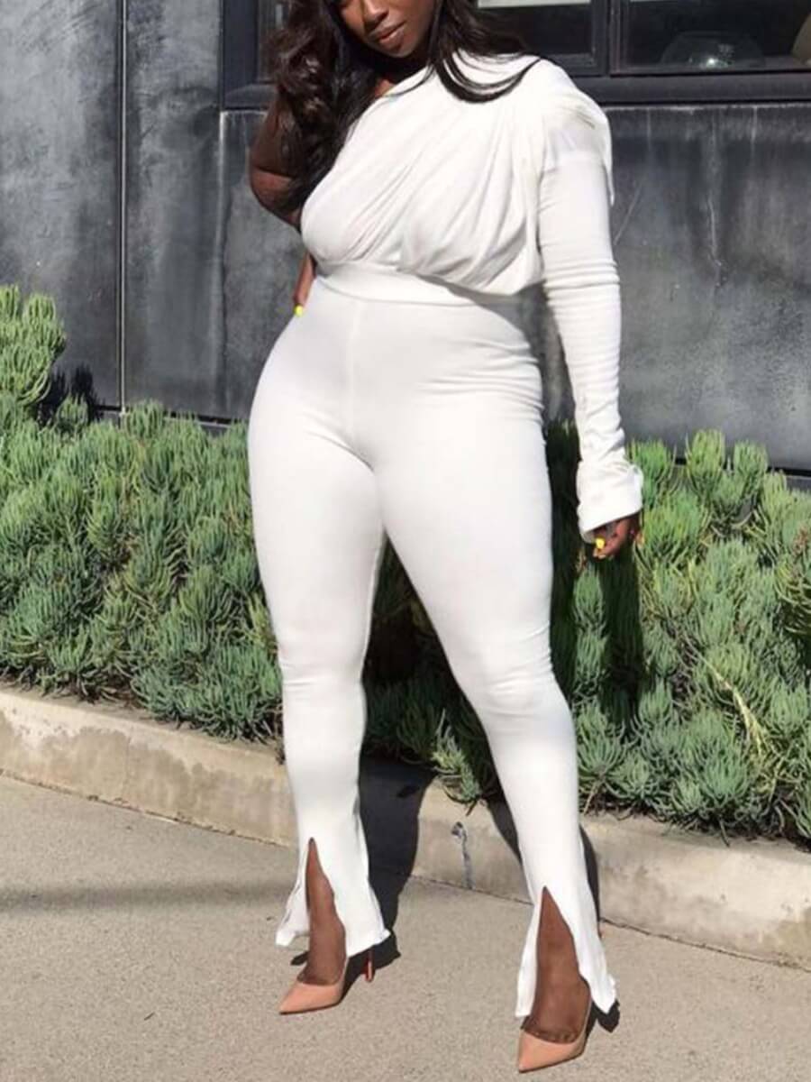 

Lovely Work One Shoulder Split White Plus Size One-piece Jumpsuit