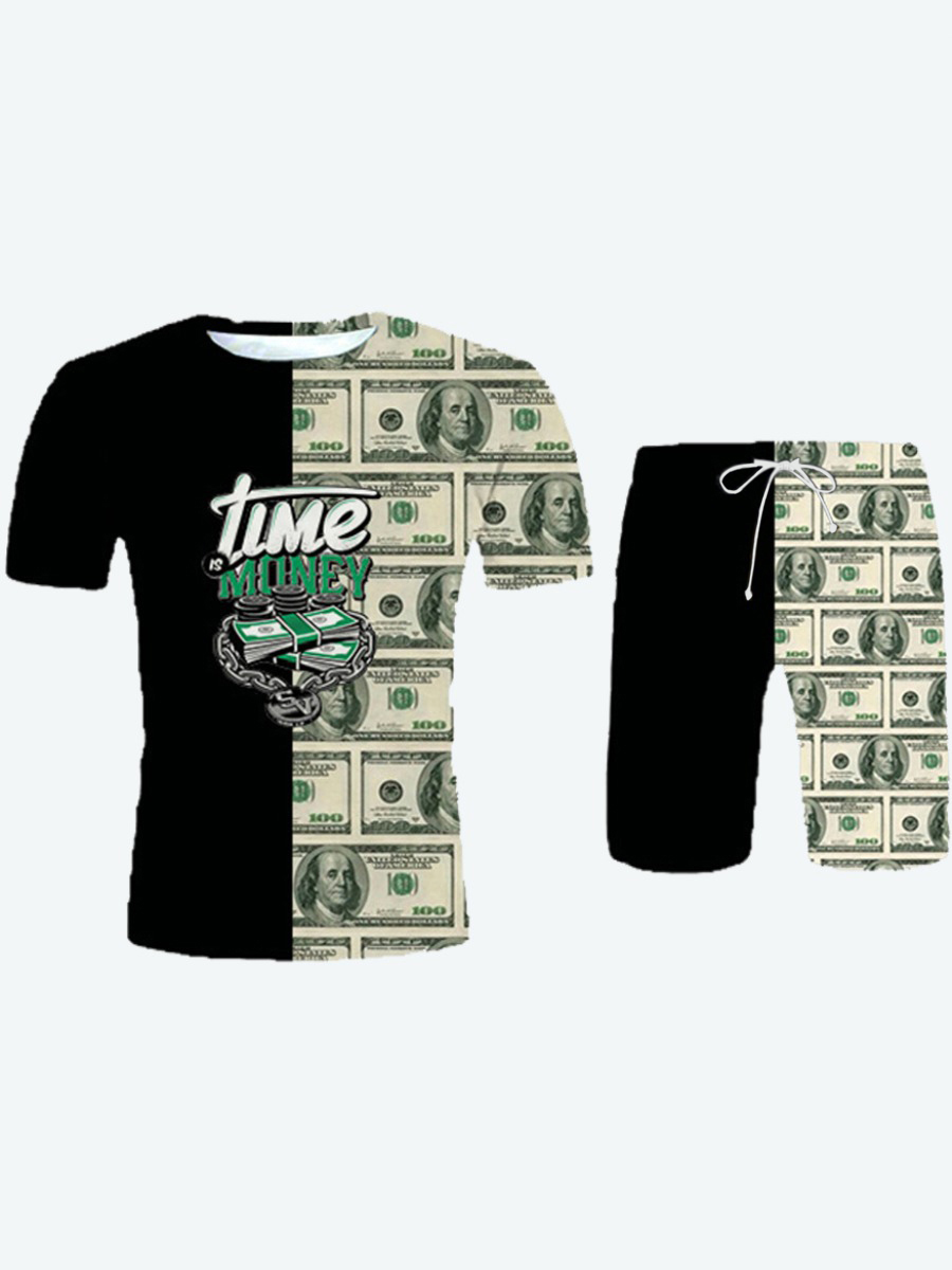 LovelyWholesale Men Money Letter Print Patchwork Shorts Set Summer Short Sleeve Casual Graffiti Element Round Neck Spring Summer 2024