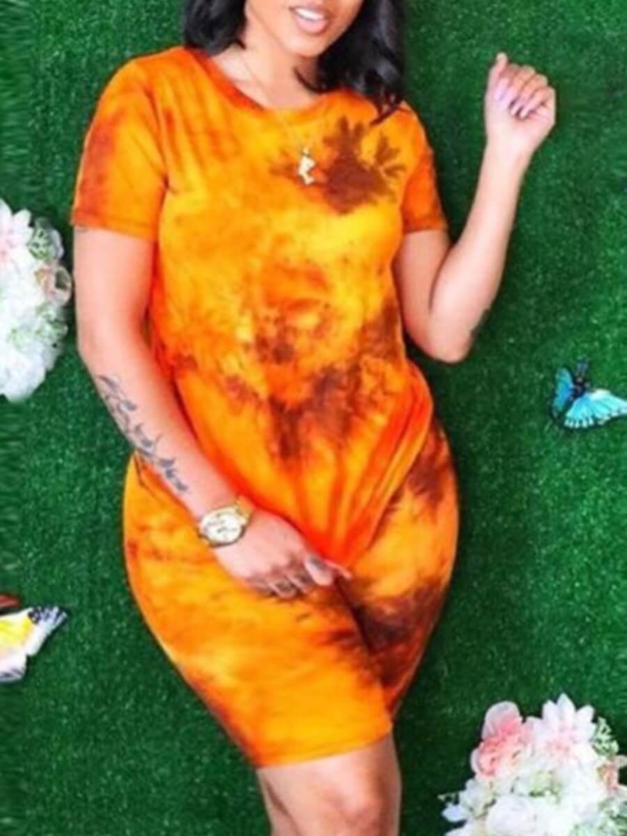 

Lovely Casual O Neck Tie-dye Orange Plus Size Two-piece Shorts Set