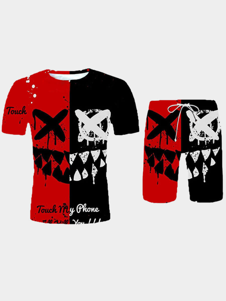 

LW Men Casual O Neck Graffiti Print Patchwork Black Two Piece Shorts Set