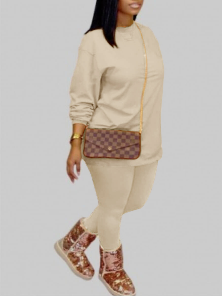 

Lovely Plus Size Casual O Neck Elastic Khaki Two-piece Pants Set